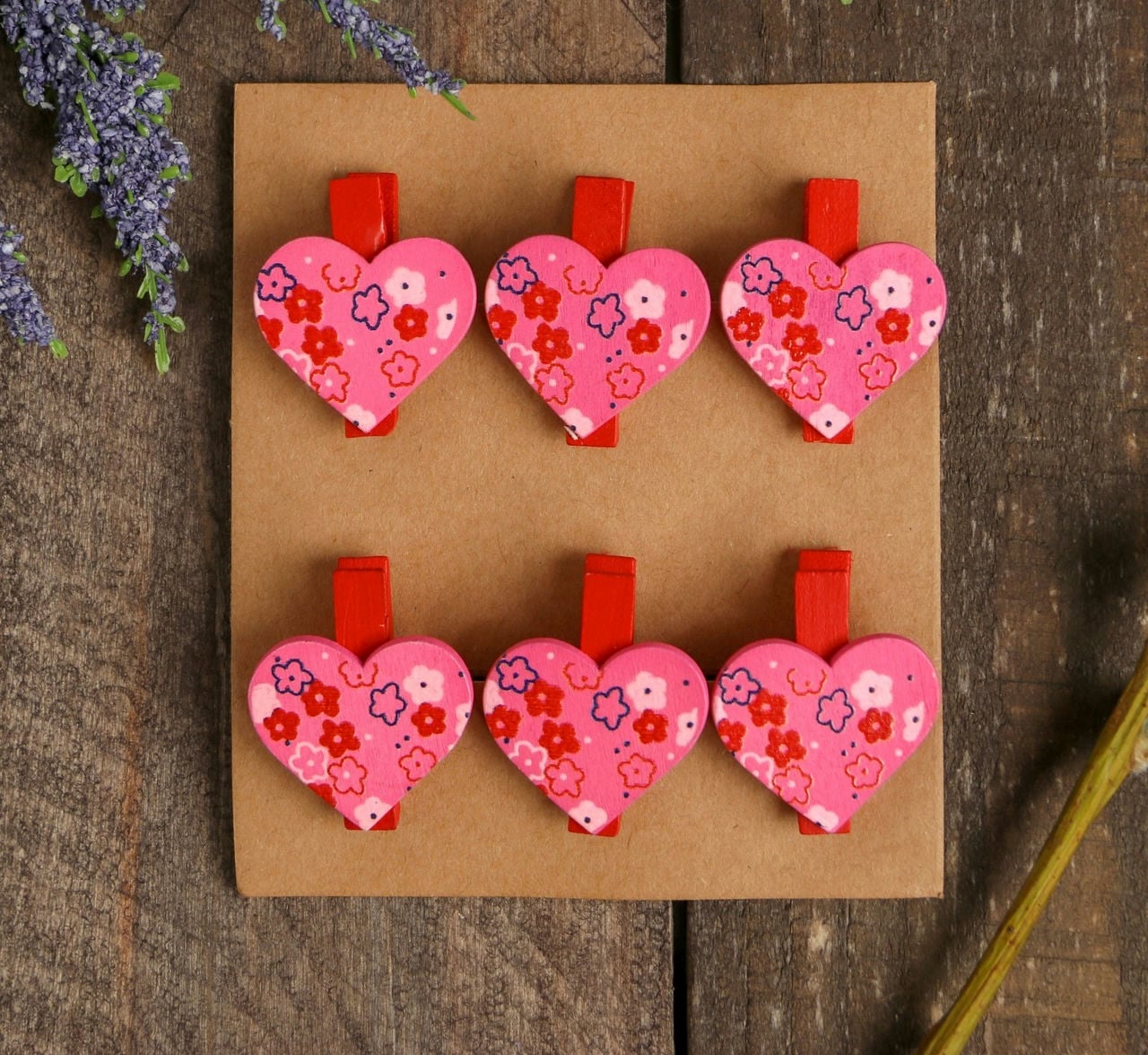Прищепки декоративные «Сердечки с цветами» набор 6 шт.