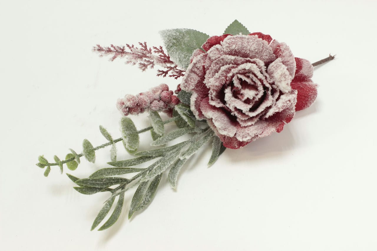 Ветка декоративная с заснеженным цветком, H33 см, Белый