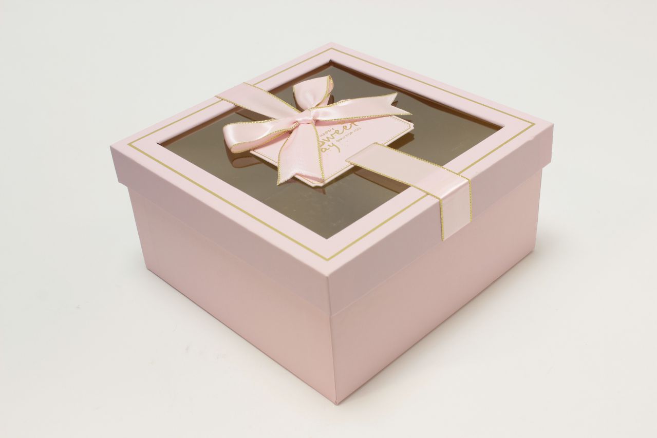 Коробка квадрат с окошком и бантом "luxe" 19*19*9,5 см, Розовый (Арт) 72092301/1-1