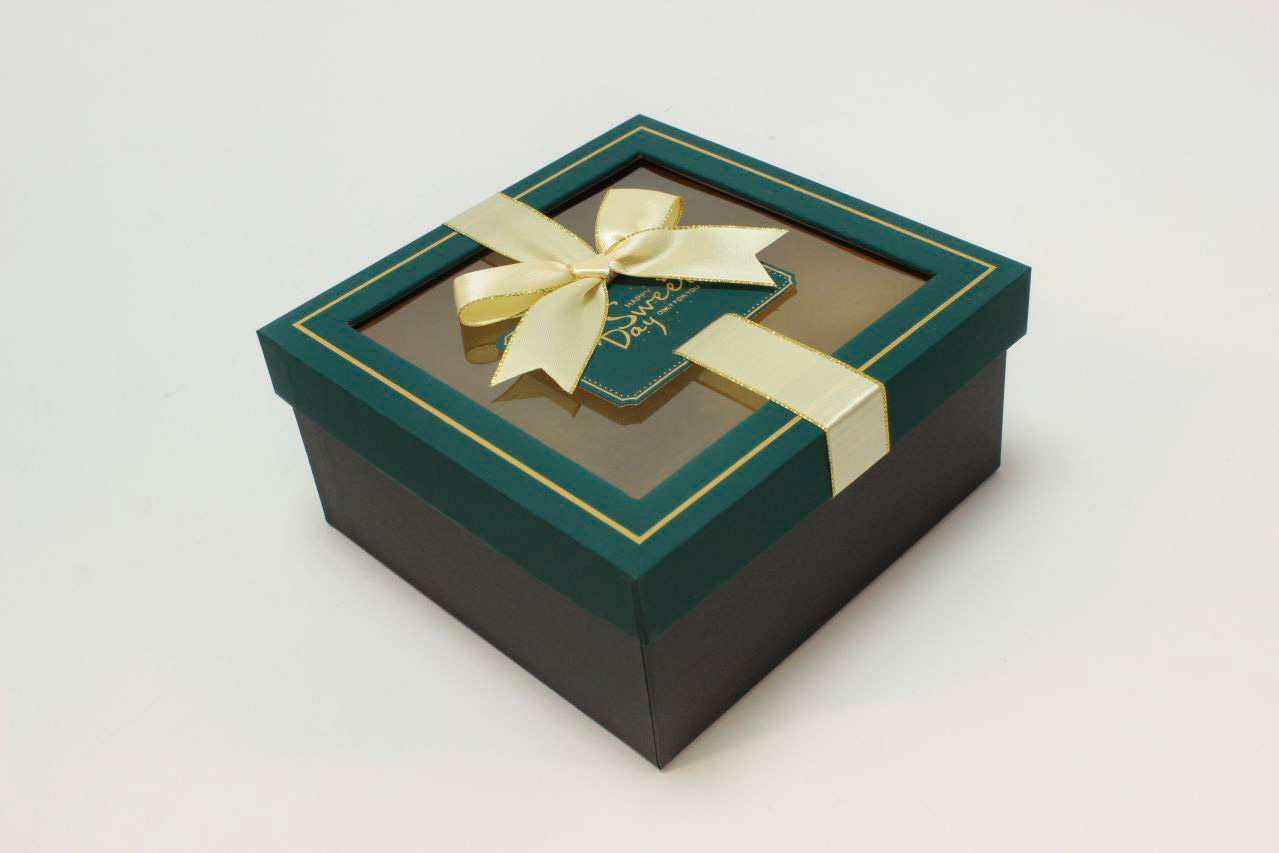 Коробка квадрат с окошком и бантом "luxe" 17*17*8 см, Синевато-зеленый/черный (Арт) 72092301/6-2