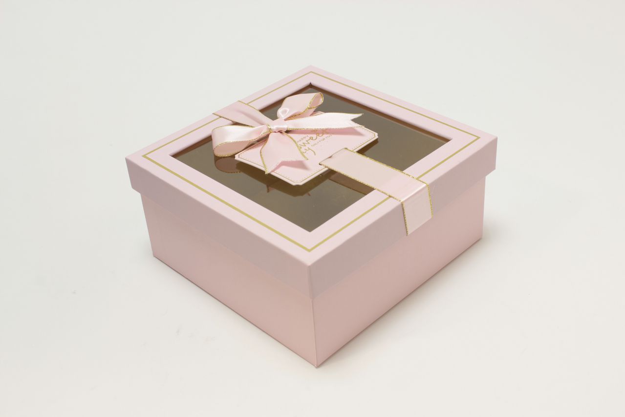 Коробка квадрат с окошком и бантом "luxe" 17*17*8 см, Розовый (Арт) 72092301/1-2