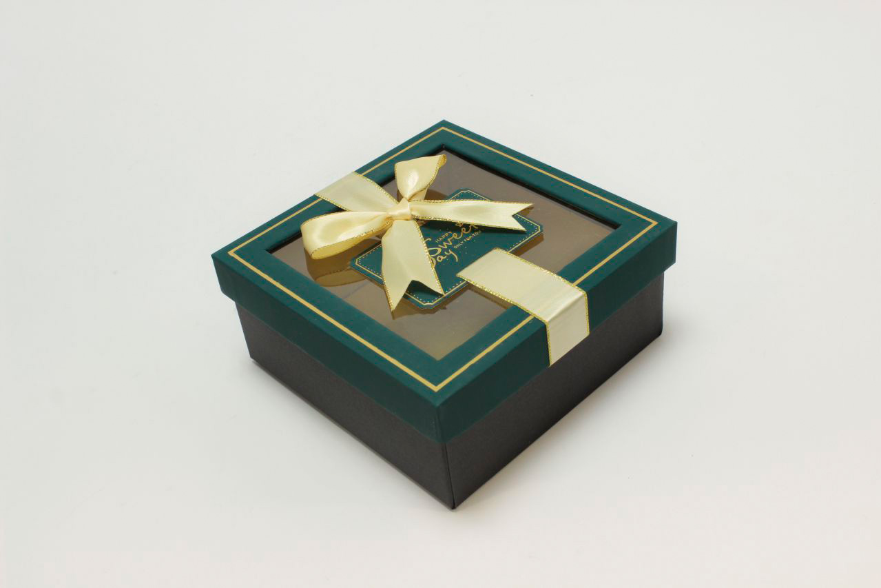 Коробка квадрат с окошком и бантом "luxe" 15*15*6,5 см, Синевато-зеленый/черный (Арт) 72092301/6-3