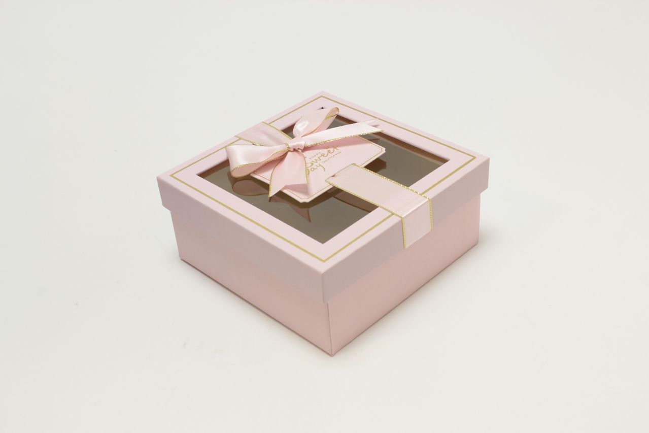 Коробка квадрат с окошком и бантом "luxe" 15*15*6,5 см, Розовый (Арт) 72092301/1-3