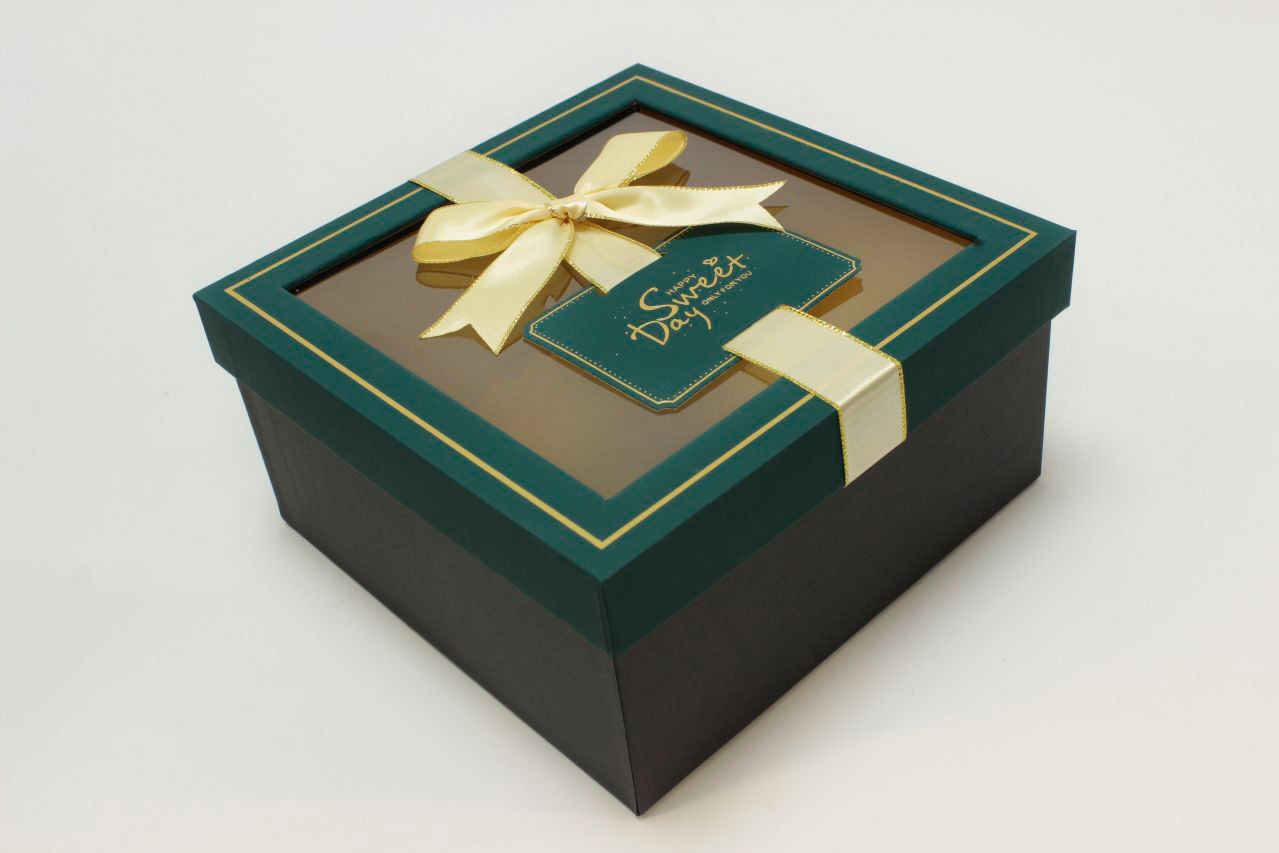 Коробка квадрат с окошком и бантом "luxe" 19*19*9,5 см, Синевато-зеленый/черный (Арт) 72092301/6-1