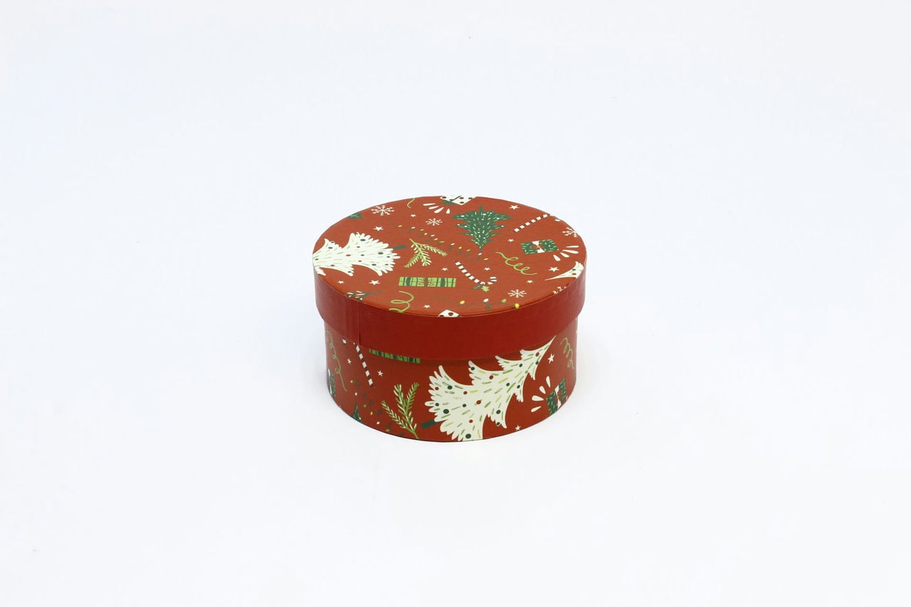 Коробка НГ Круг "Елочки" 14*7,5 см Красная (Арт) 7302247/2110-3