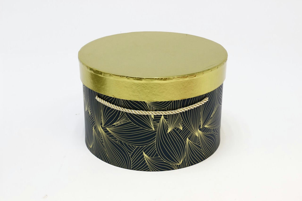 Коробка круг 23.5x15 см, патиново-зеленый с золотыми листьями (Арт) 88002607-2