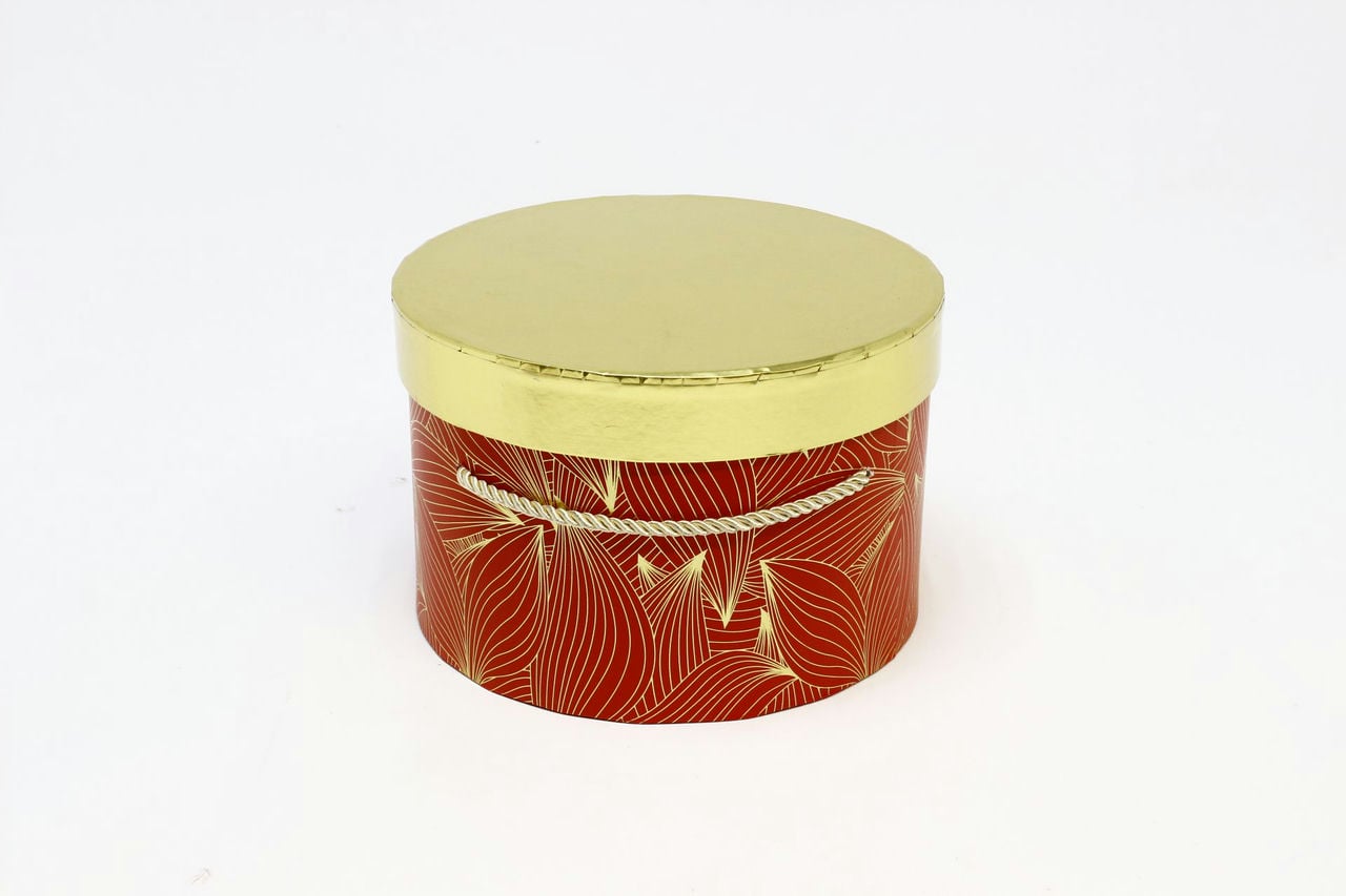 Коробка круг 19.8x13 см, красный с золотыми листьями (Арт) 88002606-3