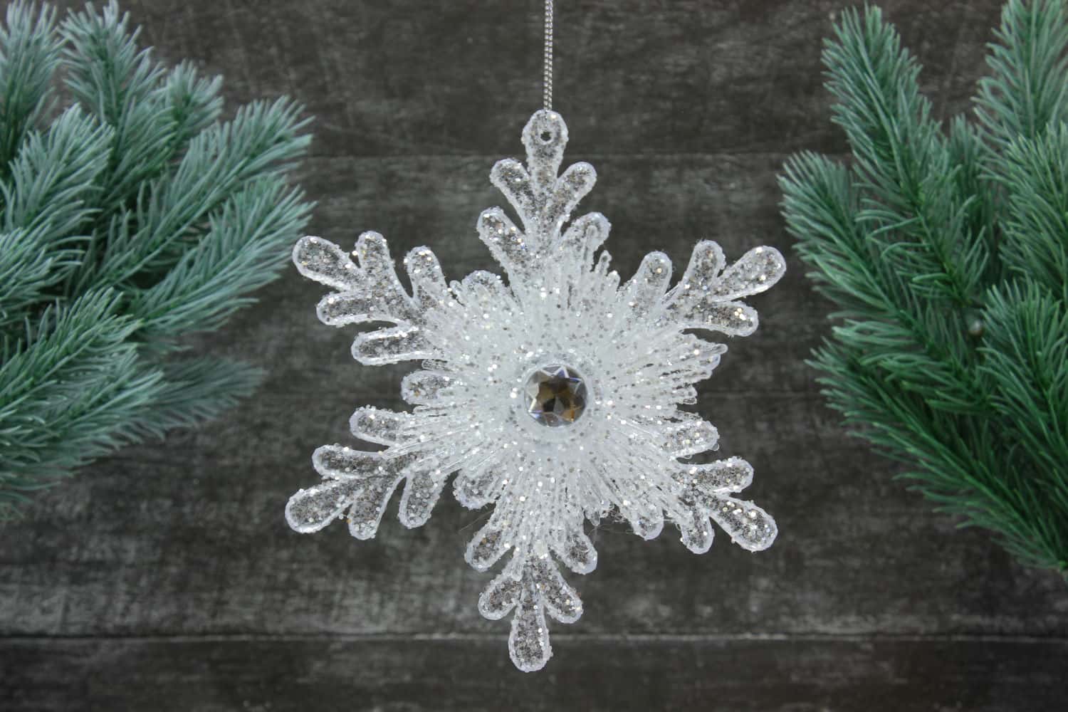 Украшение подвесное Снежинка с глиттером (пластик), 14см, Белый