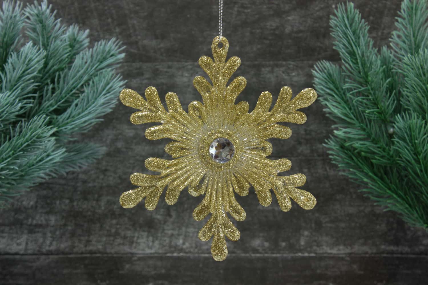 Украшение подвесное Снежинка с глиттером (пластик), 14см, Шампань