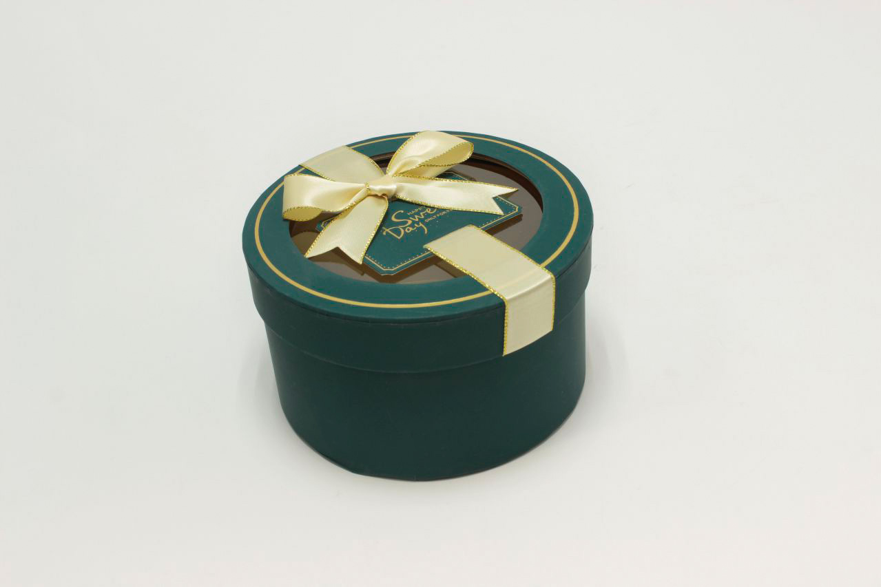 Коробка Круг с окошком и бантом "luxe" 15*8,5 см, Синевато-зелёный (Арт) 72093302/3-3