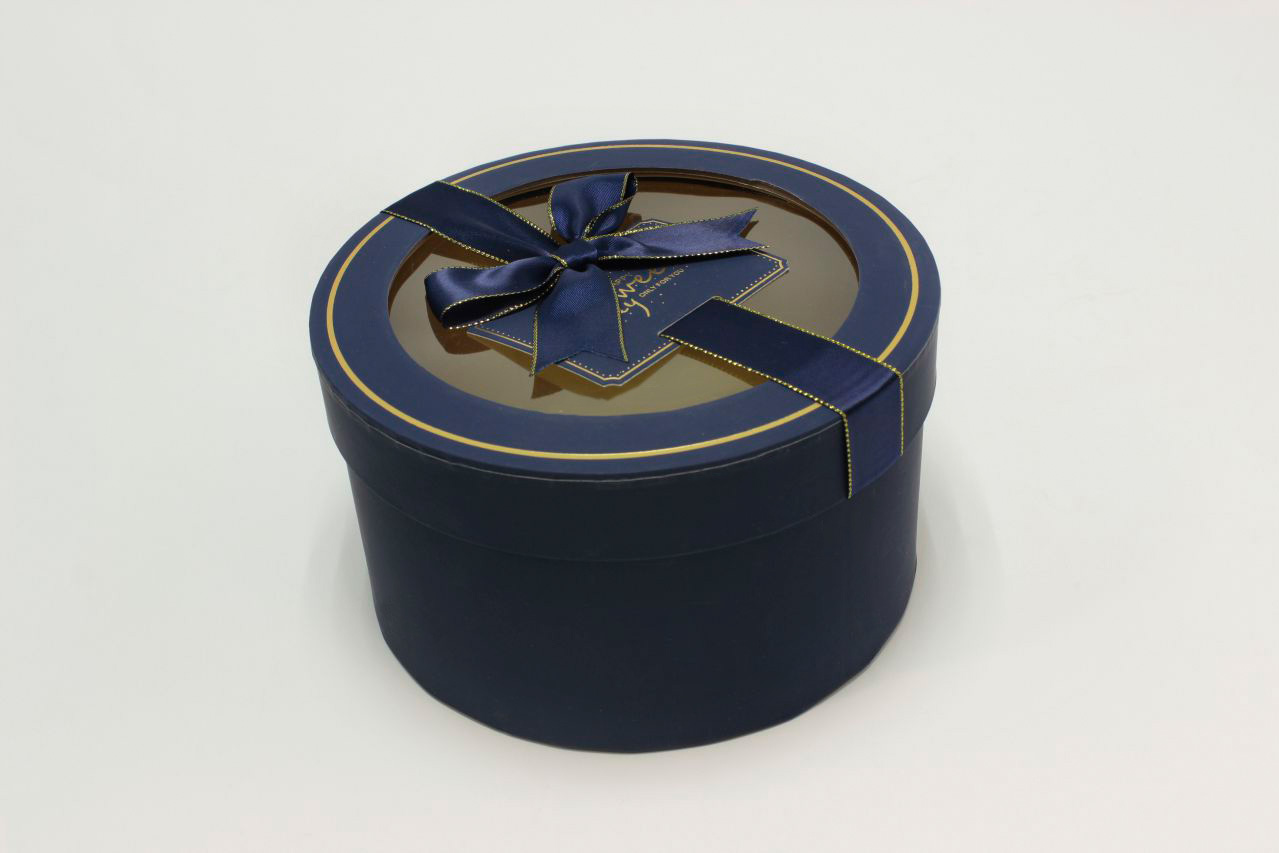 Коробка Круг с окошком и бантом "luxe" 18*10 см, Тёмно-синий (Арт) 72093302/4-2
