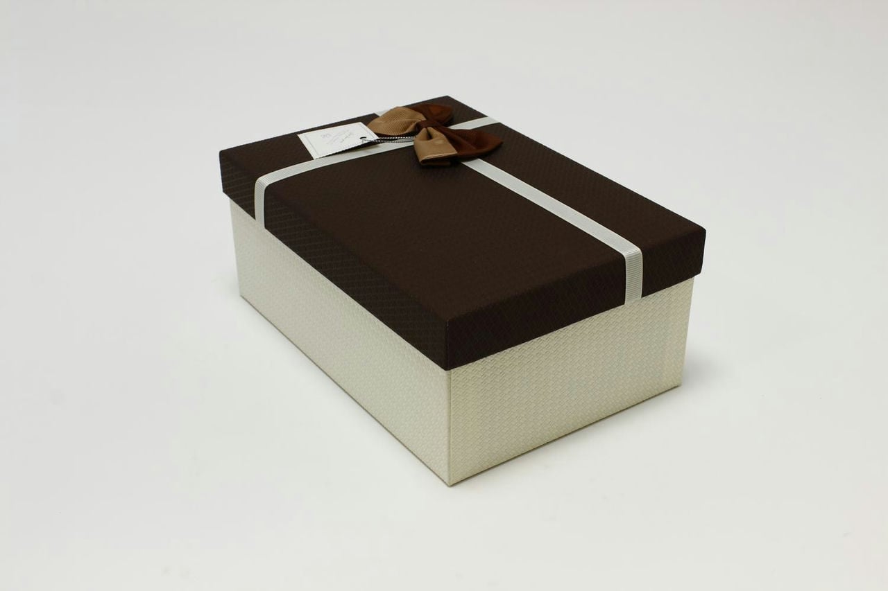 Коробка прямоугольник с бантом 23*16*9,5 см, белая/коричневая крышка (Арт) 720614/15-1А