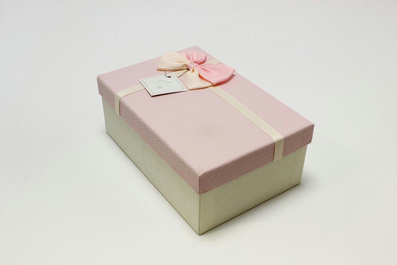 Коробка прямоугольник с бантом 21*14*8 см, белая/розовая крышка (Арт) 720614/13-2А