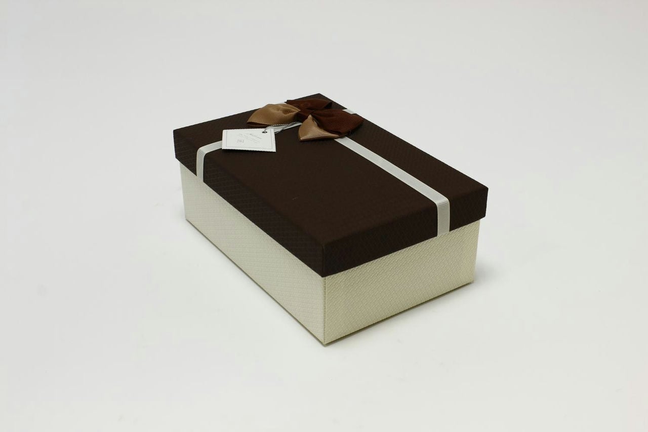 Коробка прямоугольник с бантом 21*14*8 см, белая/коричневая крышка (Арт) 720614/15-2А