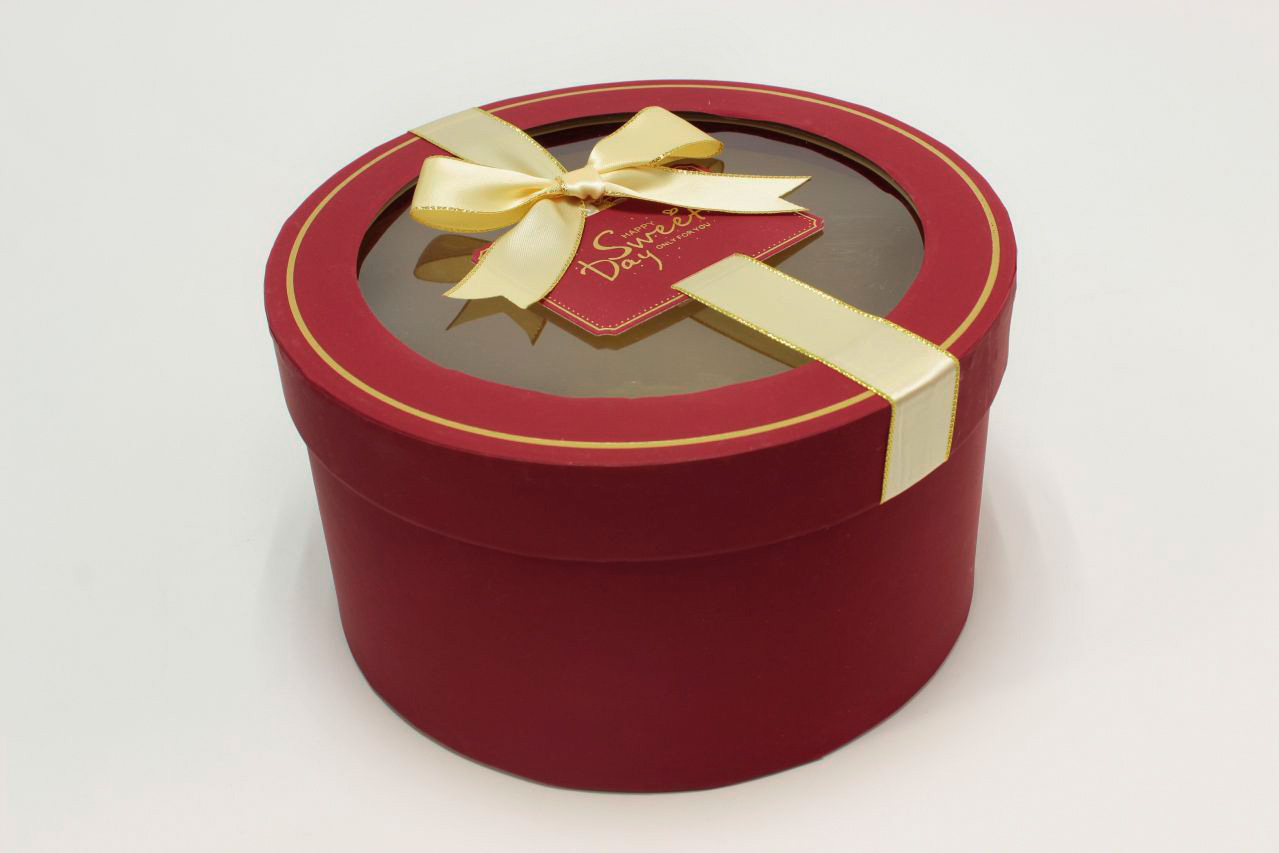 Коробка Круг с окошком и бантом "luxe" 21*11,5 см, Красный (Арт) 72093302/2-1