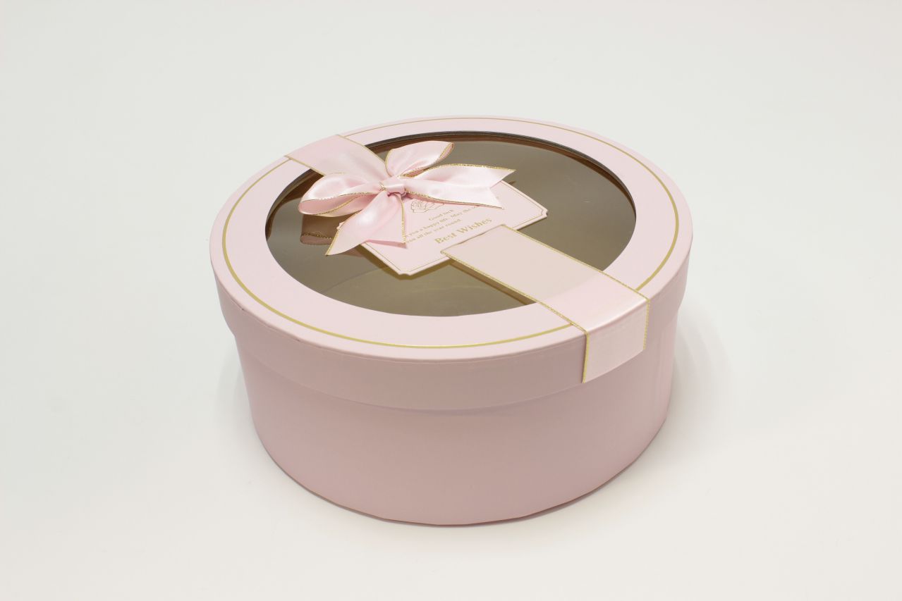 Коробка Круг с окошком и бантом "luxe" 24,5*10 см, Розовый (Арт) 72093301/1-2