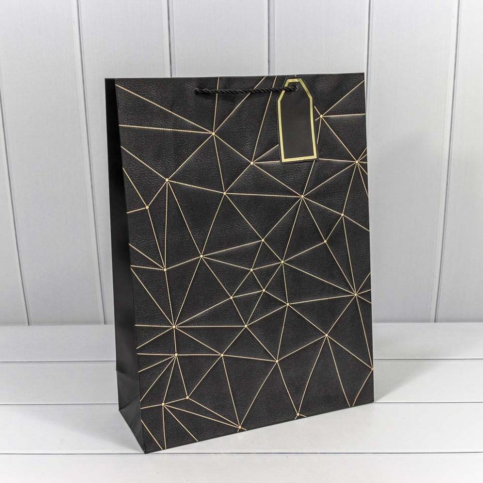 Пакет подарочный с тиснением "Треугольники" Чёрный 31*42*12 см