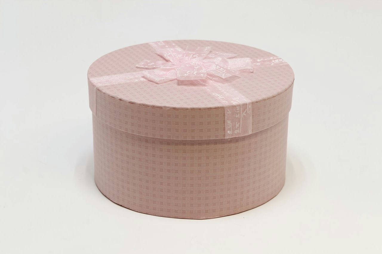 Коробка круг с бантом из органзы D20*11 см,  Розовая (Арт) 720654/2-1