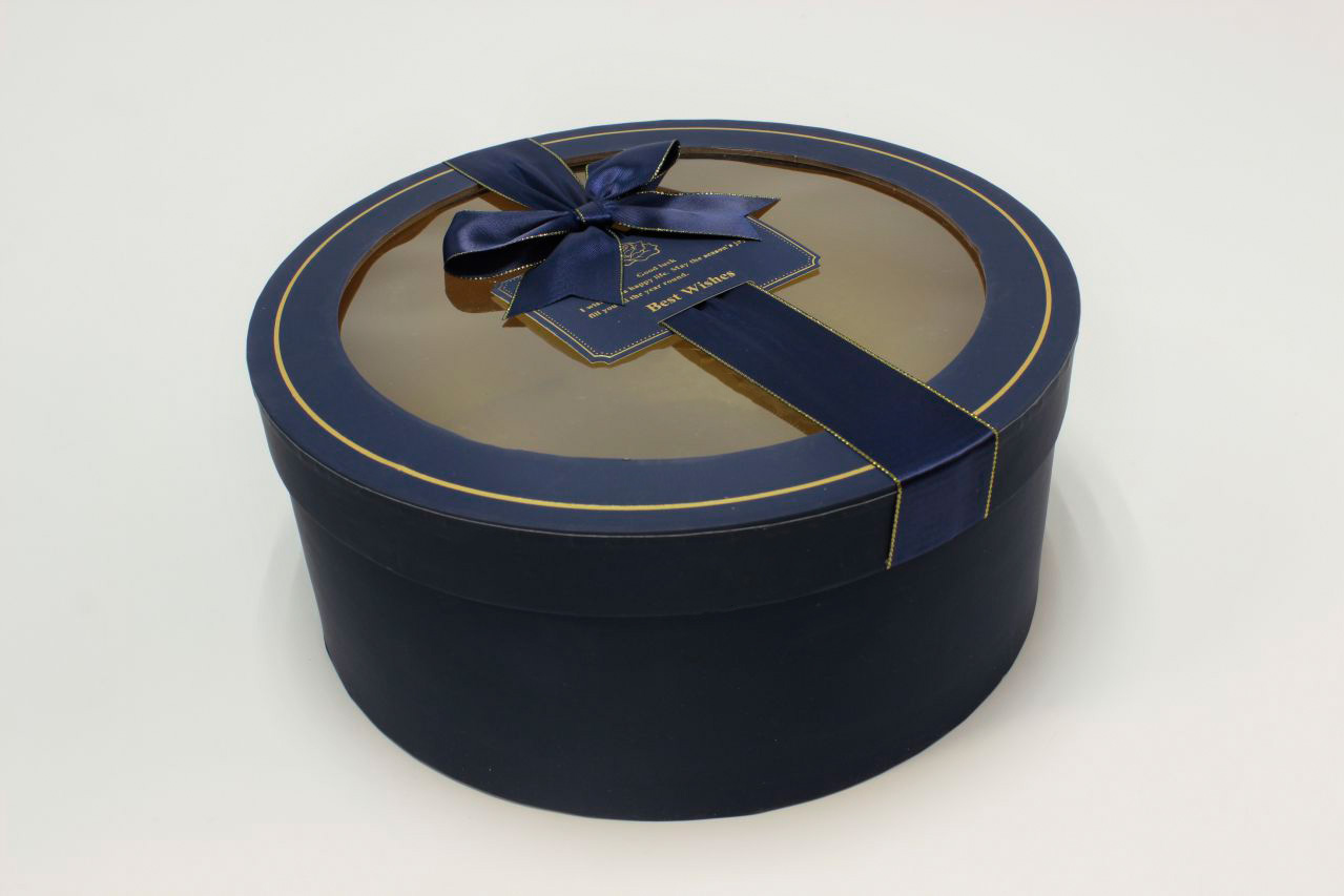 Коробка Круг с окошком и бантом "luxe" 28*11,5 см, Тёмно-синий (Арт) 72093301/4-1