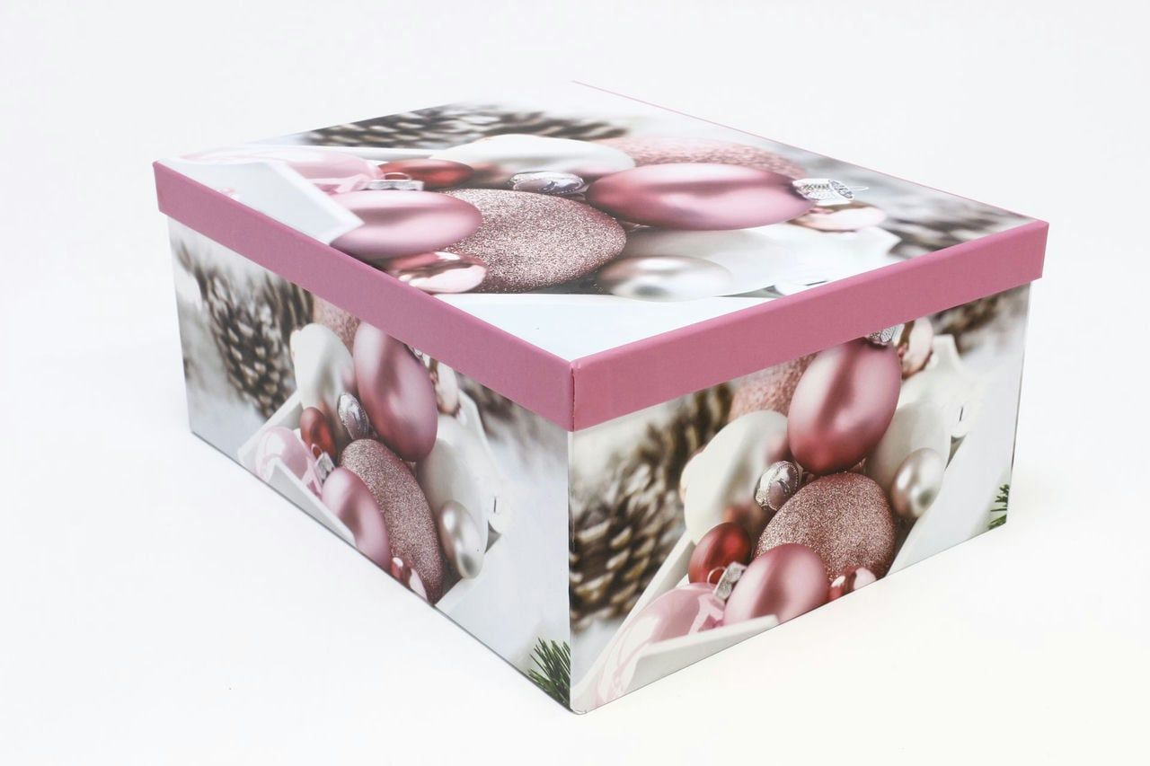 Коробка НГ прямоугольная 35*27*15,5 см "Розовые шары" (Арт) 730605/1655-2