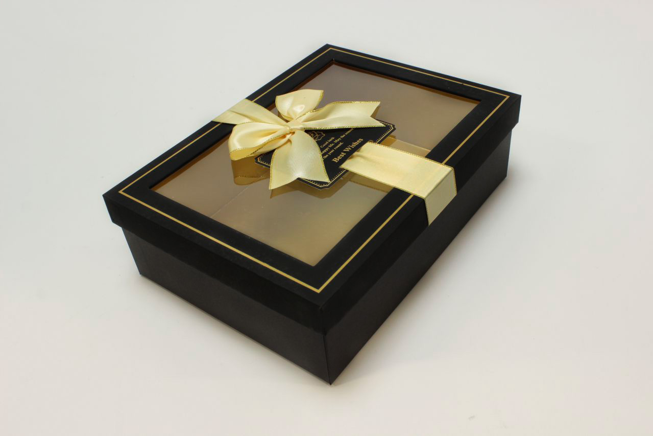 Коробка Прямоугольная с окошком и бантом "luxe" 26*19*8 см, Чёрный (Арт) 72091307/7-2