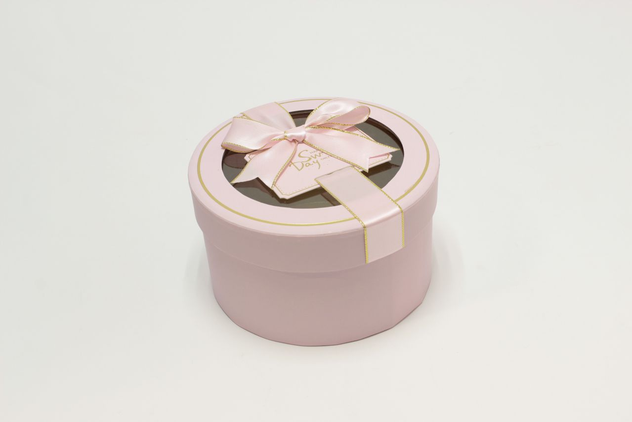 Коробка Круг с окошком и бантом "luxe" 15*8,5 см, Розовый (Арт) 72093302/1-3