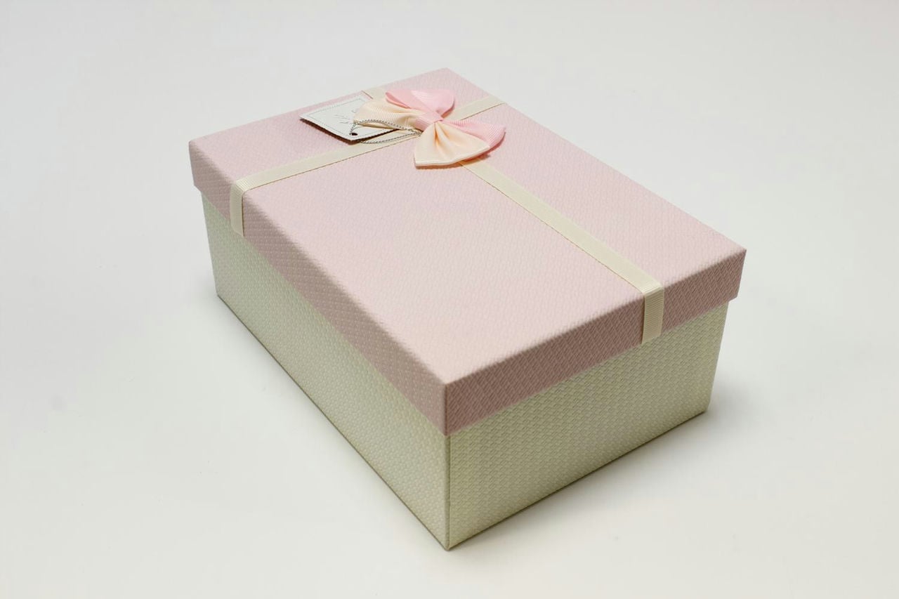 Коробка прямоугольник с бантом 23*16*9,5 см, белая/розовая крышка (Арт) 720614/13-1А