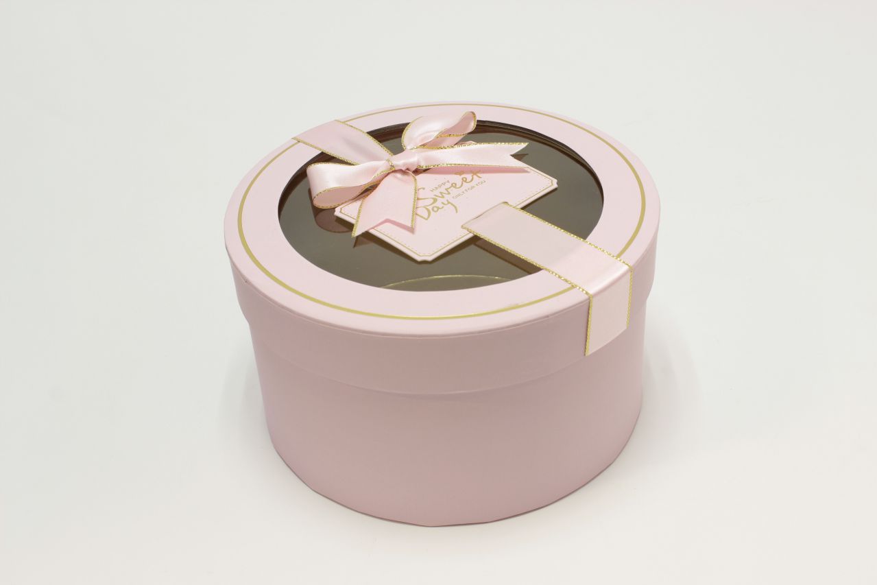 Коробка Круг с окошком и бантом "luxe" 18*10 см, Розовый (Арт) 72093302/1-2