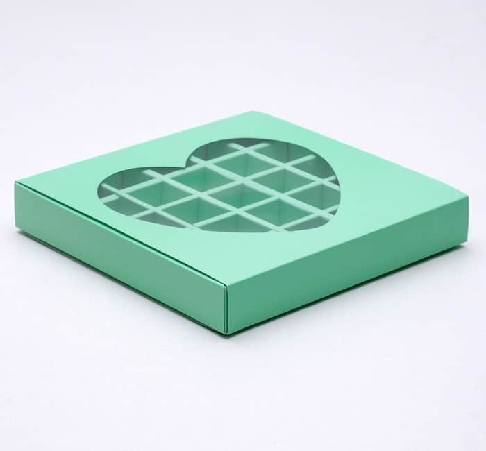 Кондитерская коробка для конфет 25 шт "Сердце", мятная, 22 х 22 х 3,5 см