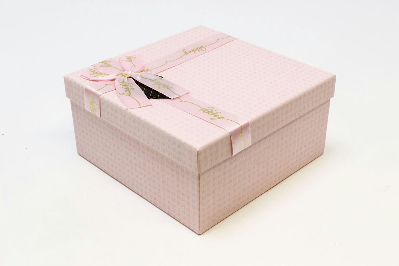 Коробка квадрат с бантом 19*19*9,8 см, "Happy" Розовый (Арт) 720616/41-1
