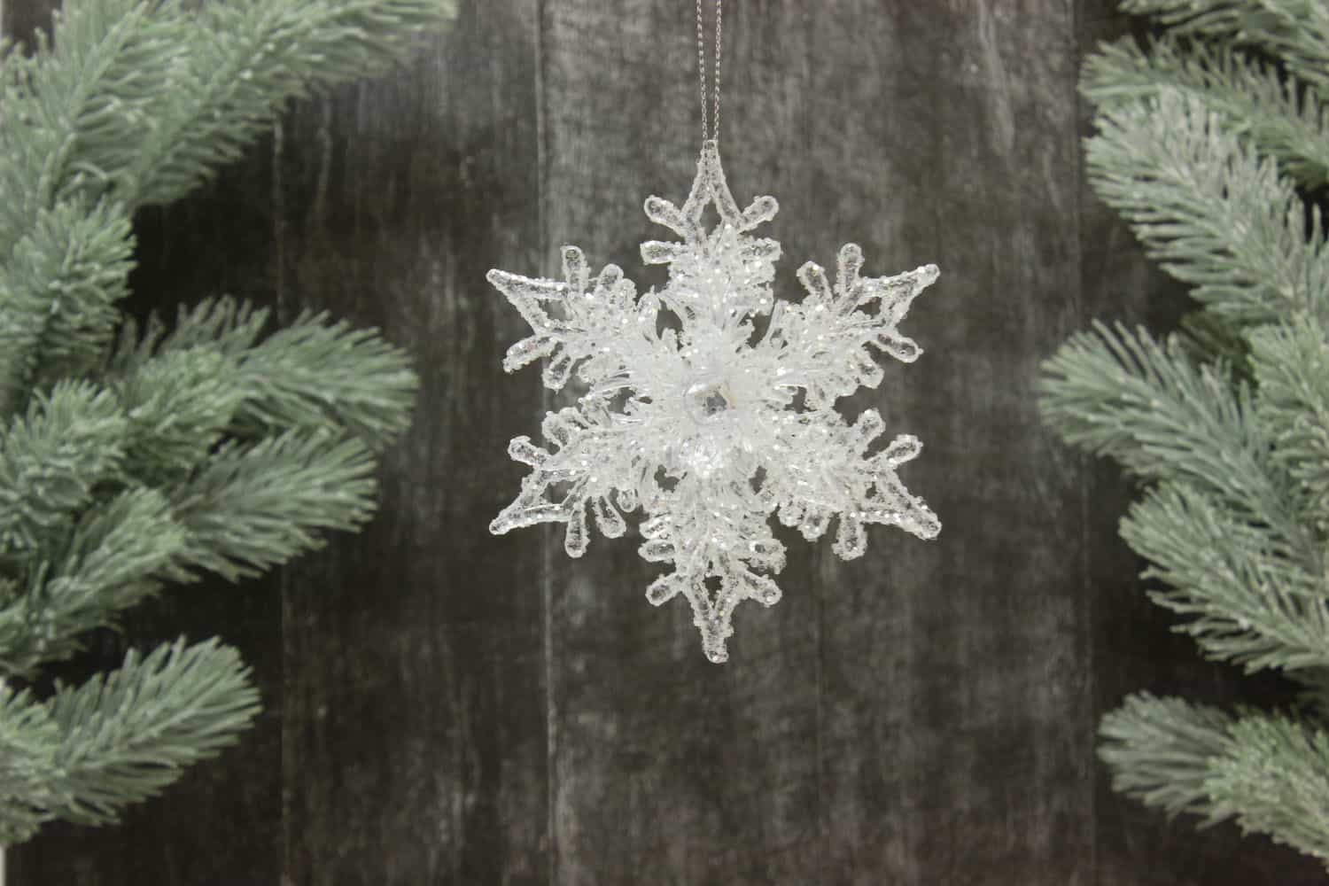 Украшение подвесное Снежинка с глиттером (пластик), 11см, Белый