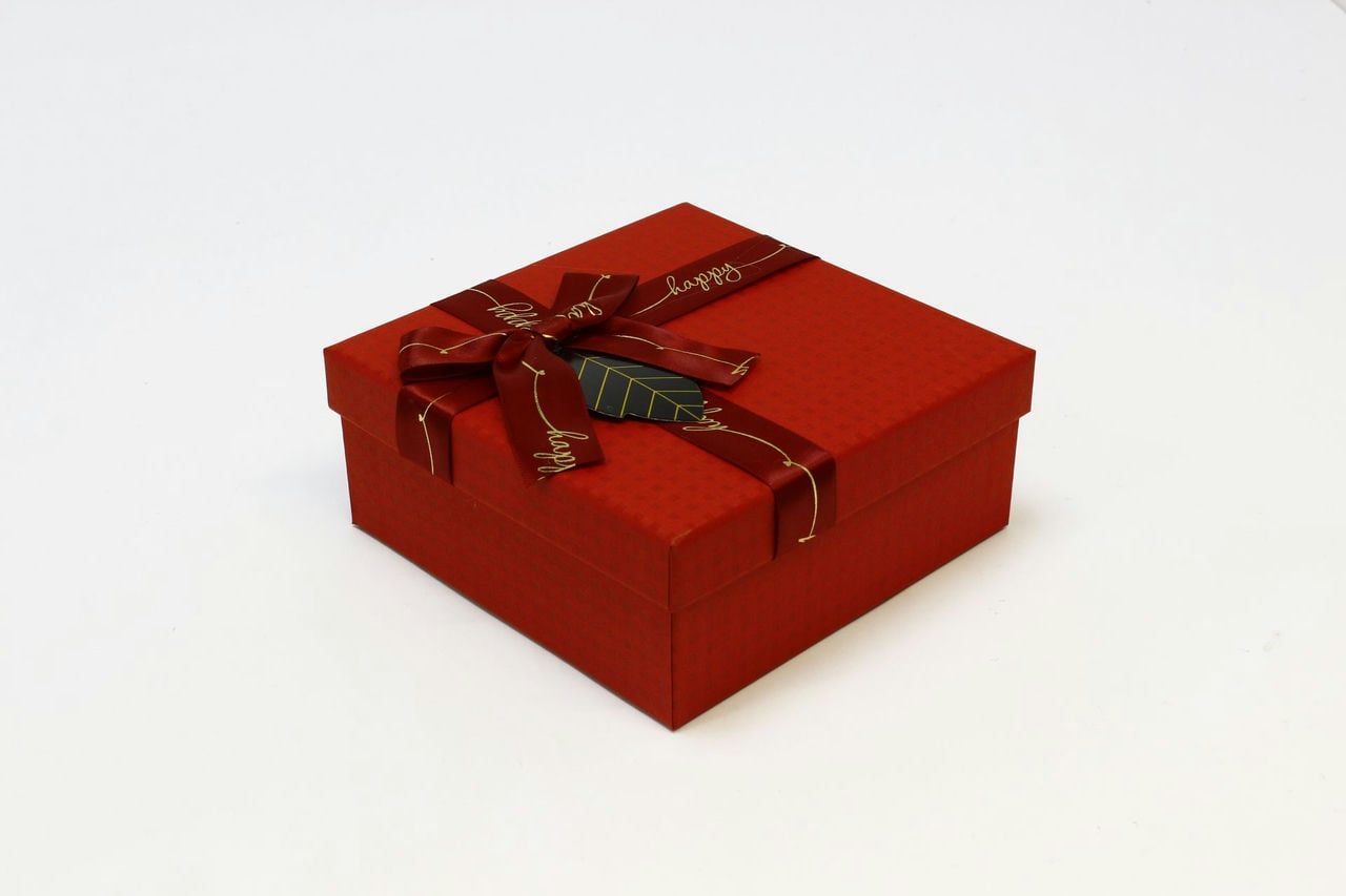 Коробка квадрат с бантом 15*15*7 см, "Happy" Красный (Арт) 720616/40-3