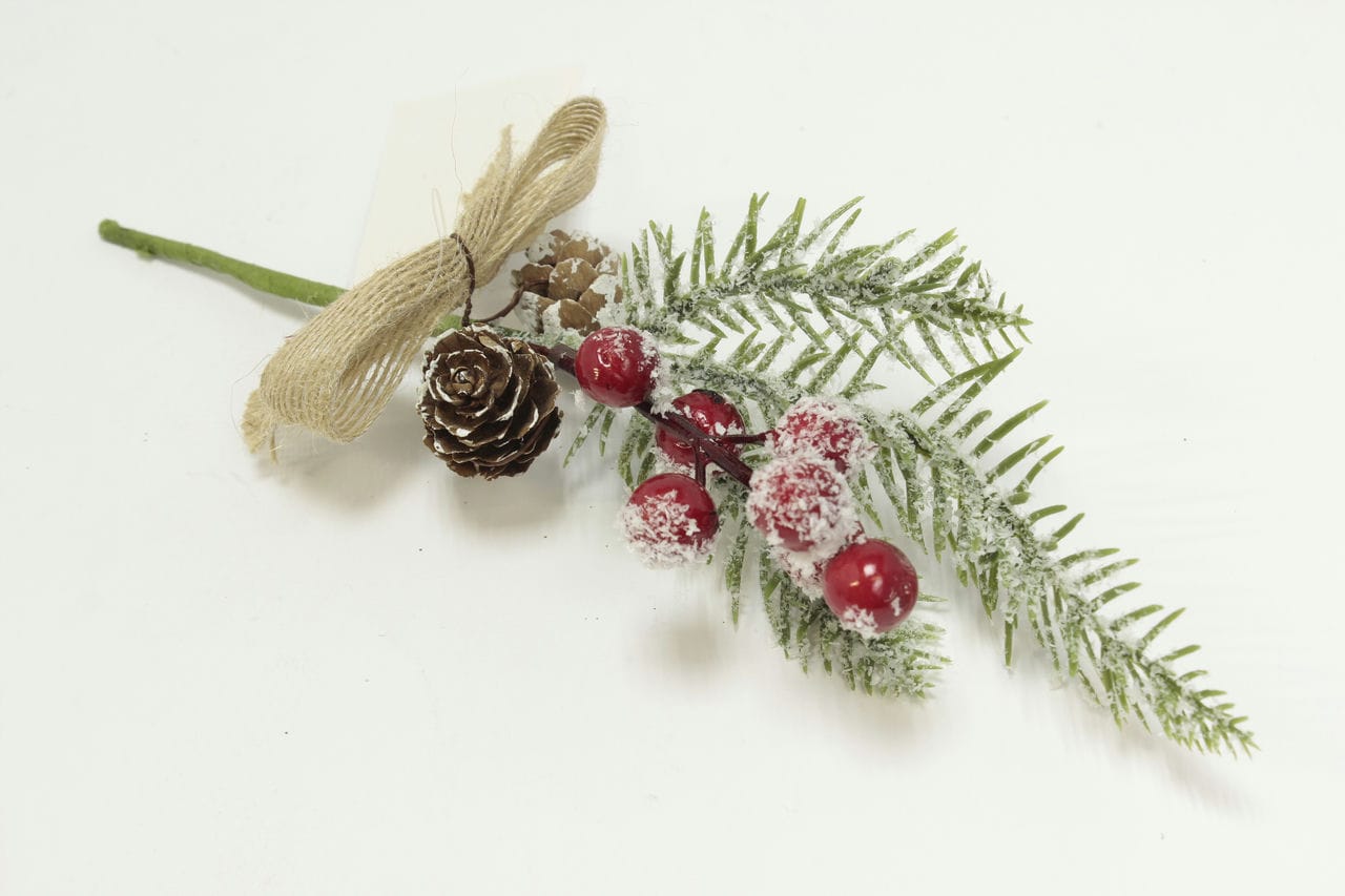 Еловая ветка заснеженная с ягодами и шишками, H25 см