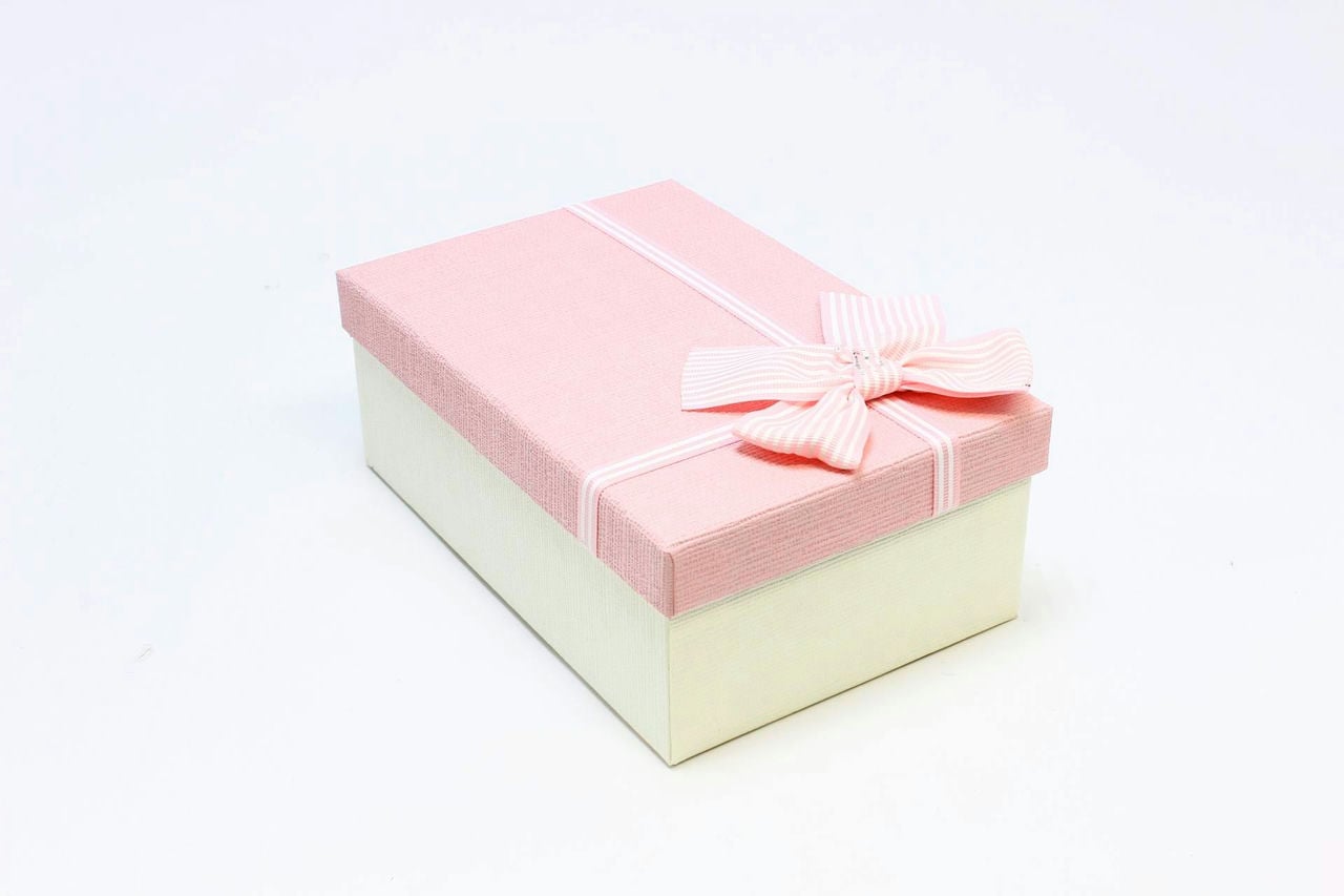 Коробка прямоугольник с бантом 21*14*8 см, белая/розовая крышка (Арт) 720614/6-2А