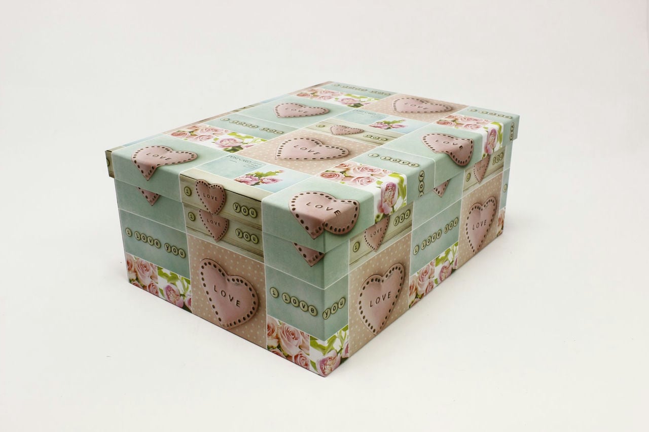 Коробка прямоугольная "Сердца с цветами" 38,5*29,8*16 см (Арт) 721902/956-3