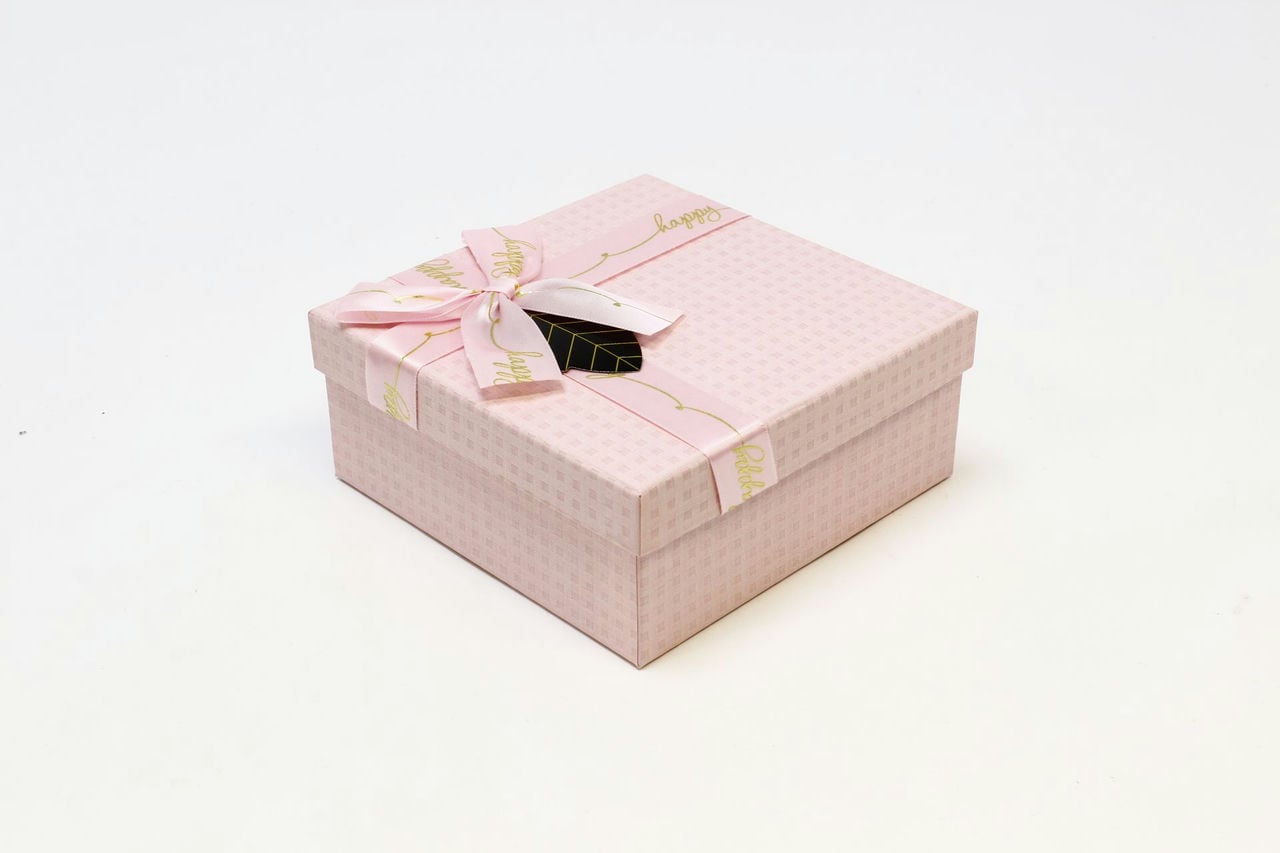 Коробка квадрат с бантом 15*15*7 см, "Happy" Розовый (Арт) 720616/41-3