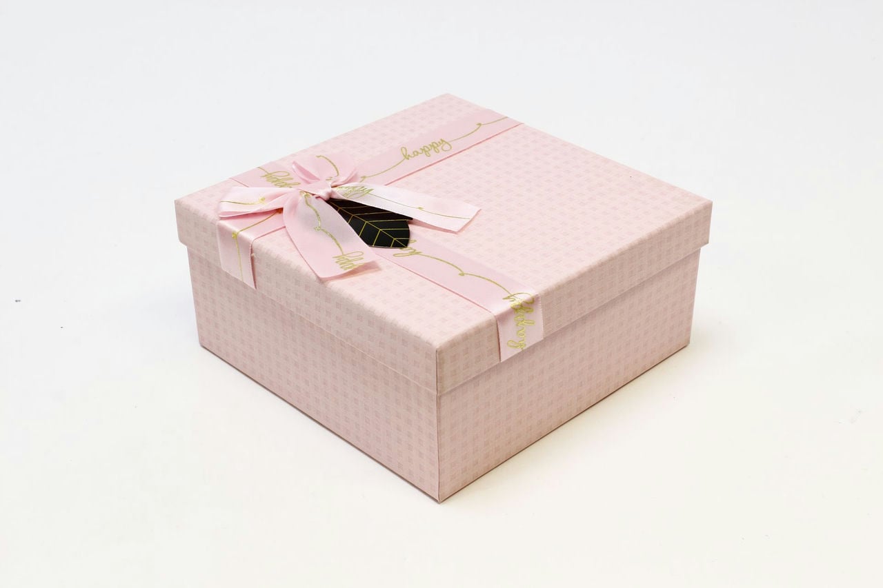 Коробка квадрат с бантом 17*17*8 см, "Happy" Розовый (Арт) 720616/41-2