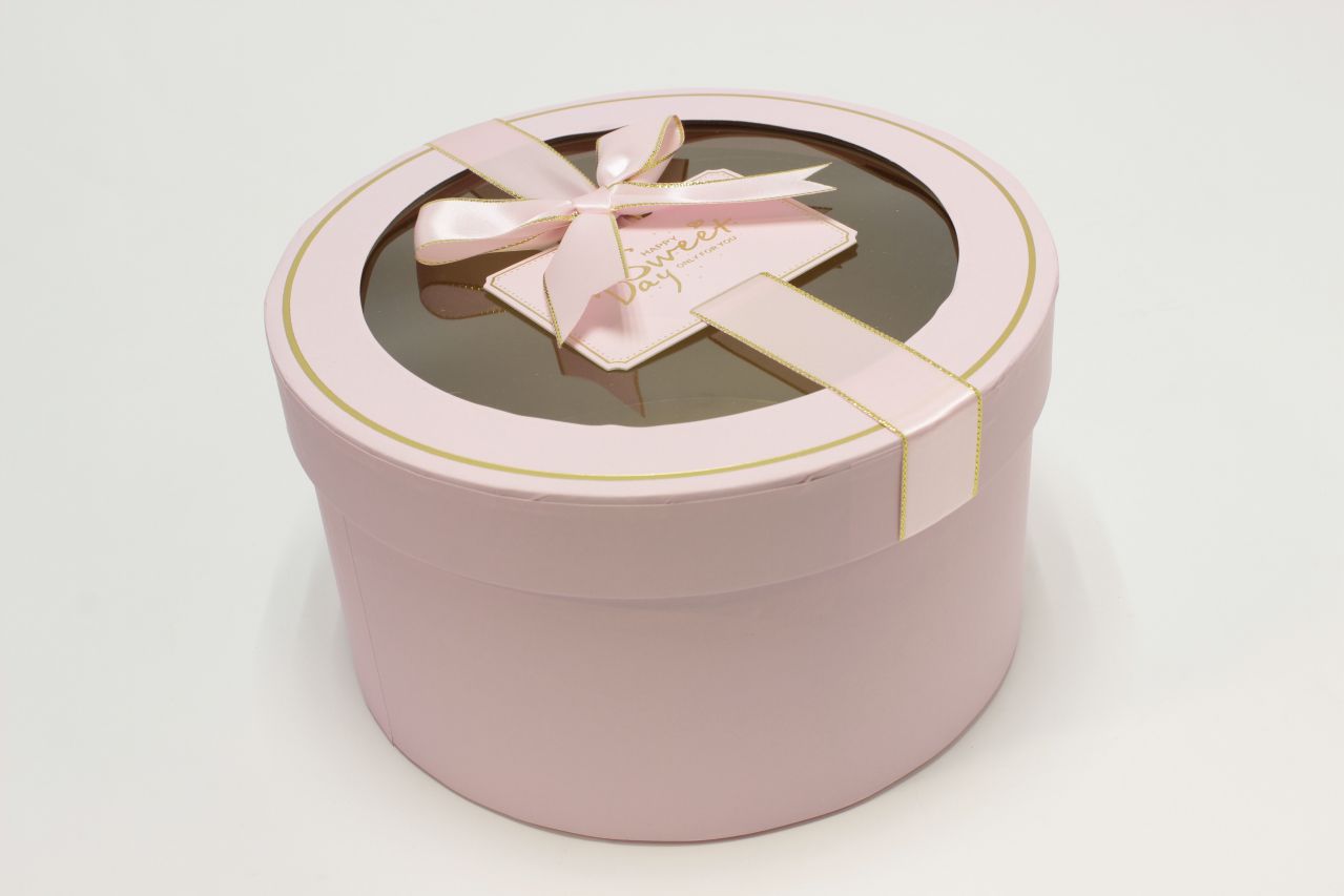 Коробка Круг с окошком и бантом "luxe" 21*11,5 см, Розовый (Арт) 72093302/1-1