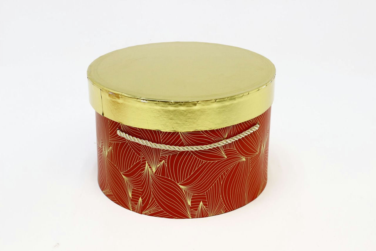 Коробка круг 23.5x15 см, красный с золотыми листьями (Арт) 88002606-2