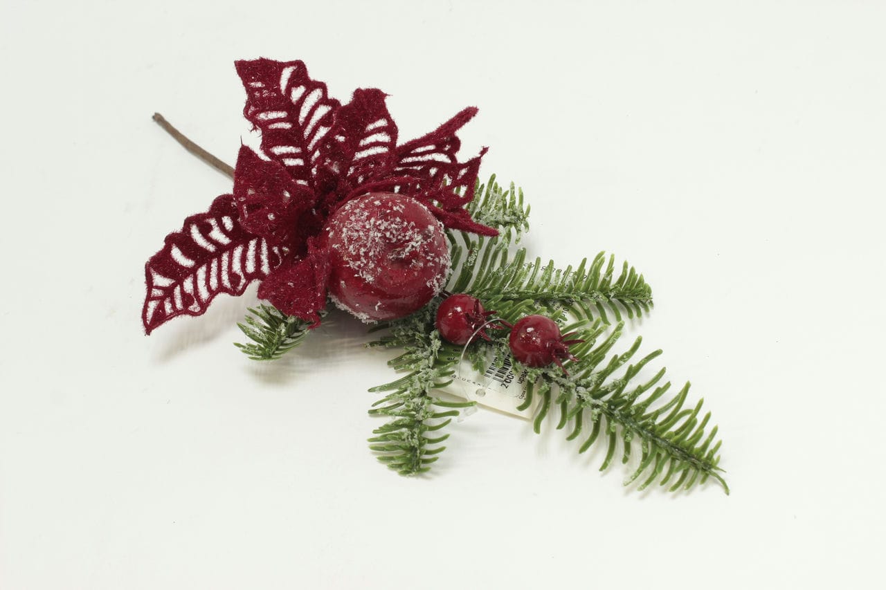 Ветка с красным цветком и заснеженным яблоком и ягодами, H32 см