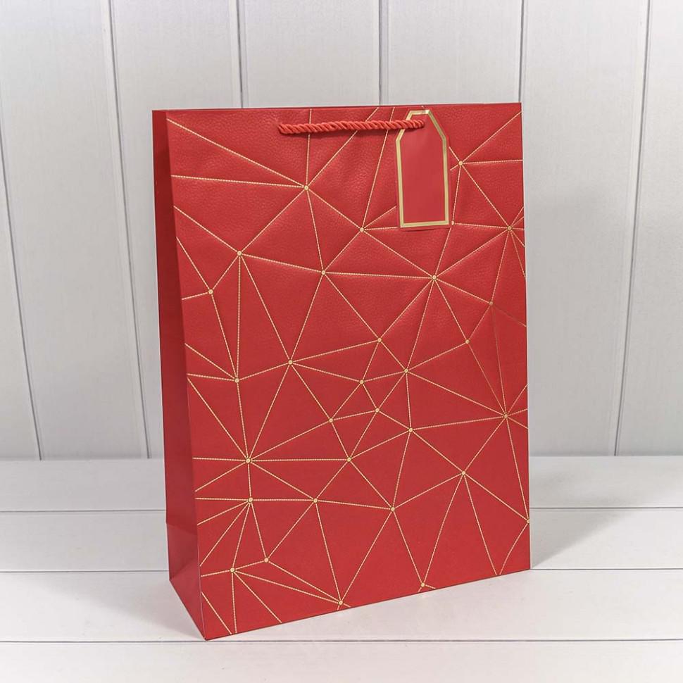 Пакет подарочный с тиснением "Треугольники" Красный 31*42*12 см