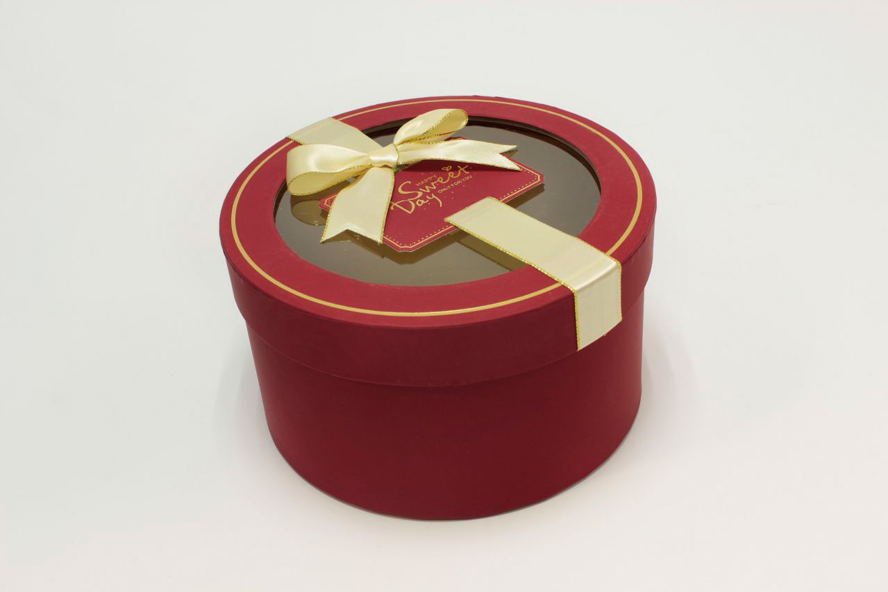 Коробка Круг с окошком и бантом "luxe" 18*10 см, Красный (Арт) 72093302/2-2