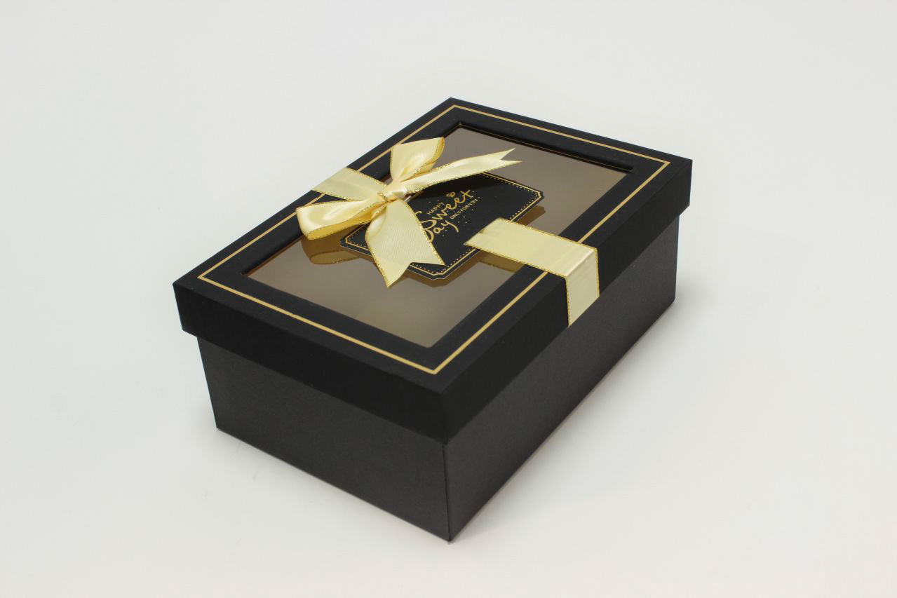 Коробка Прямоугольная с окошком и бантом "luxe" 20*14*8 см, Чёрный (Арт) 72091301/7-2