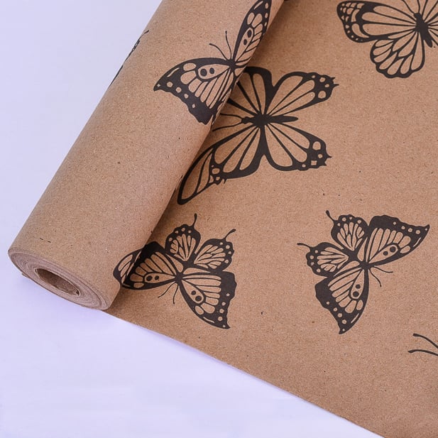 Бумага крафт с рисунком "Бабочки" Черный 70см (400гр)