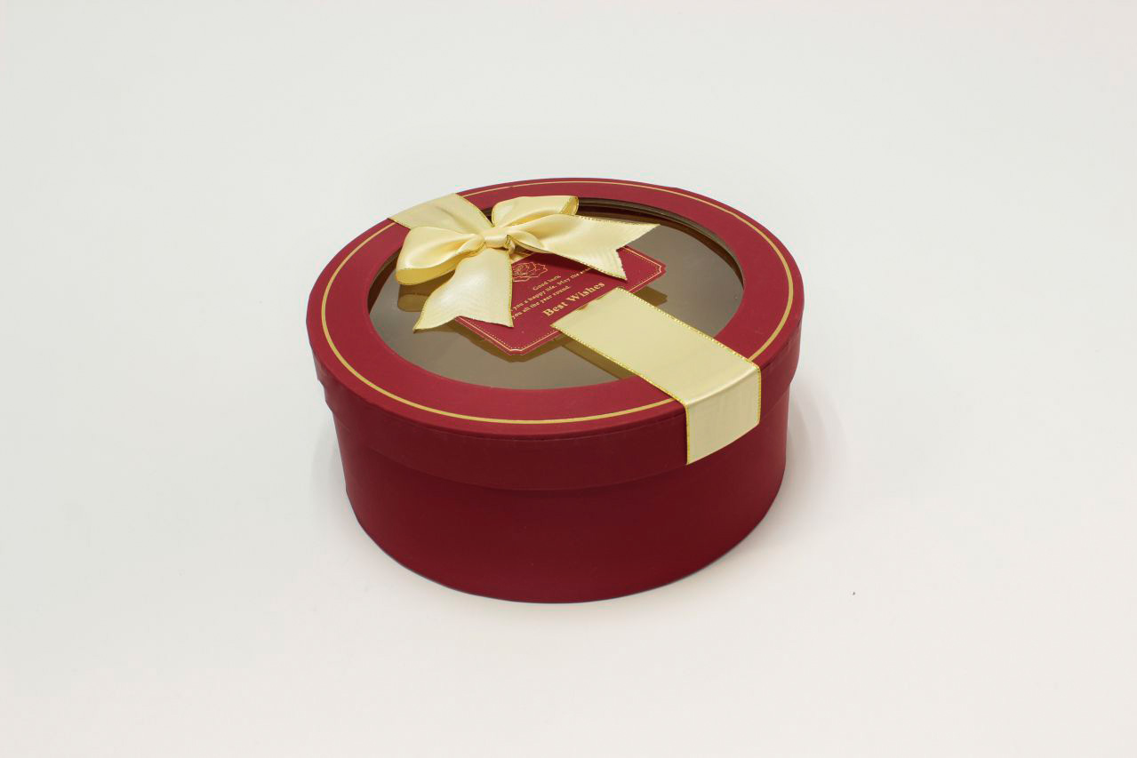 Коробка Круг с окошком и бантом "luxe" 21*8,5 см, Красный (Арт) 72093301/2-3