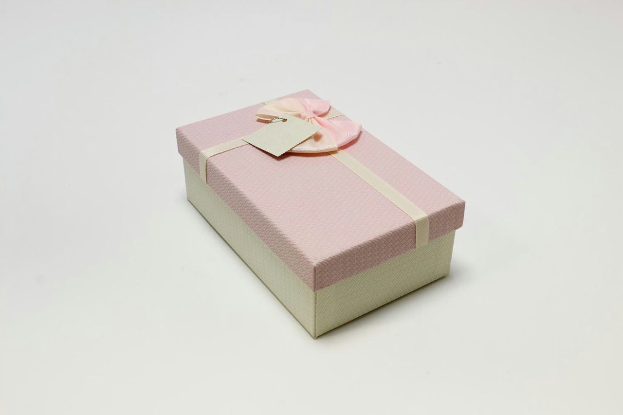 Коробка прямоугольник с бантом 19*12*6,6 см, белая/розовая крышка (Арт) 720614/13-3А