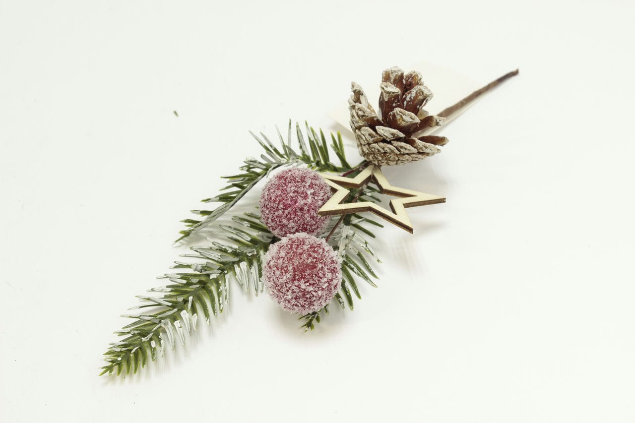 Ветка заснеженная с ягодами, шишкой и звездочкой, H22 см