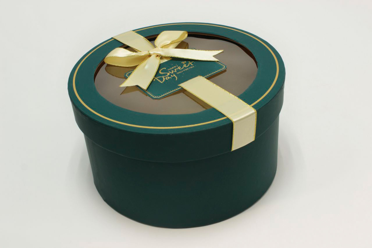 Коробка Круг с окошком и бантом "luxe" 21*11,5 см, Синевато-зелёный (Арт) 72093302/3-1