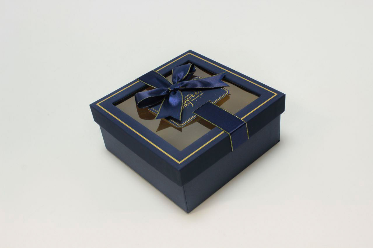 Коробка квадрат с окошком и бантом "luxe" 15*15*6,5 см, Тёмно-синий (Арт) 72092301/4-3