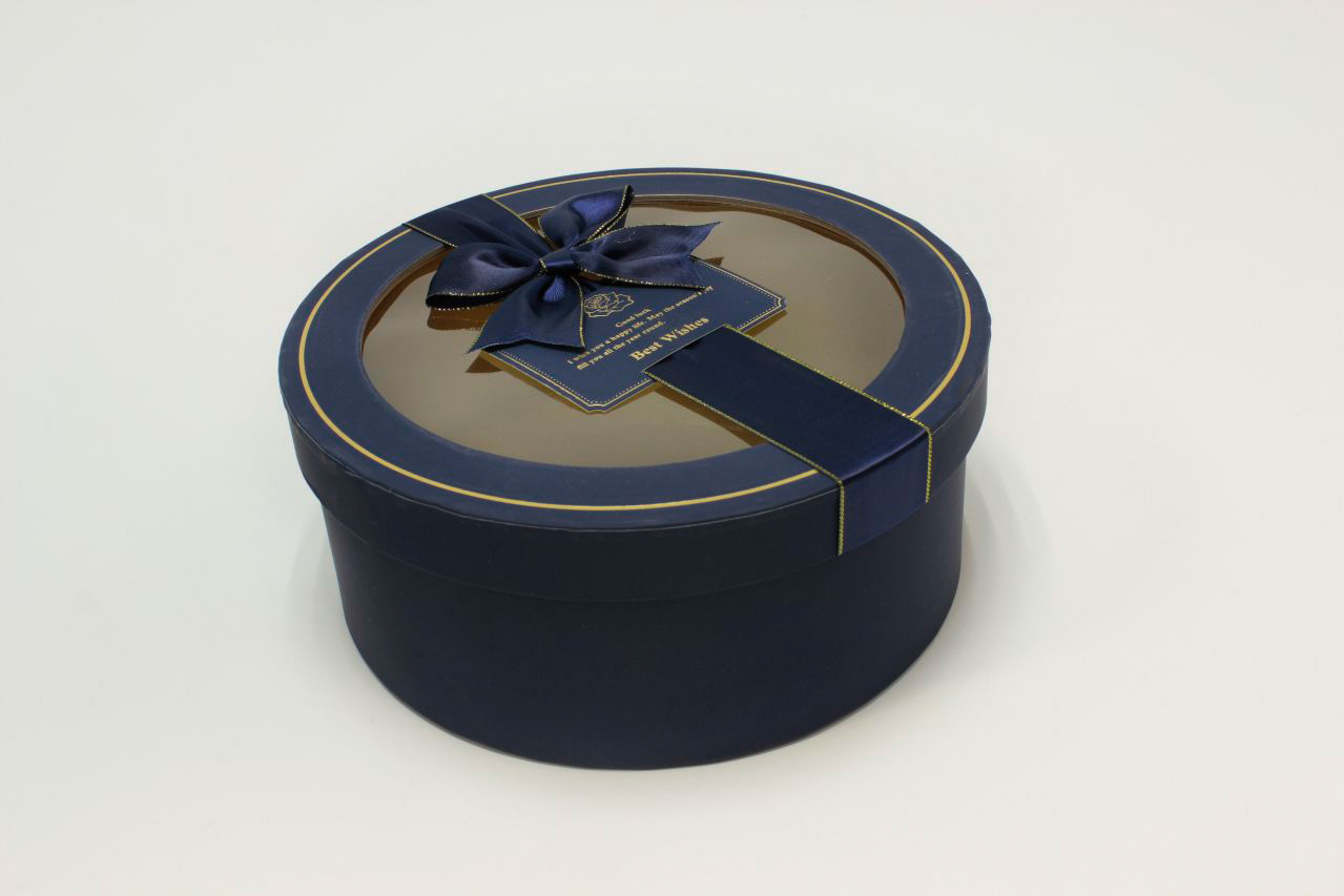 Коробка Круг с окошком и бантом "luxe" 24,5*10 см, Тёмно-синий (Арт) 72093301/4-2